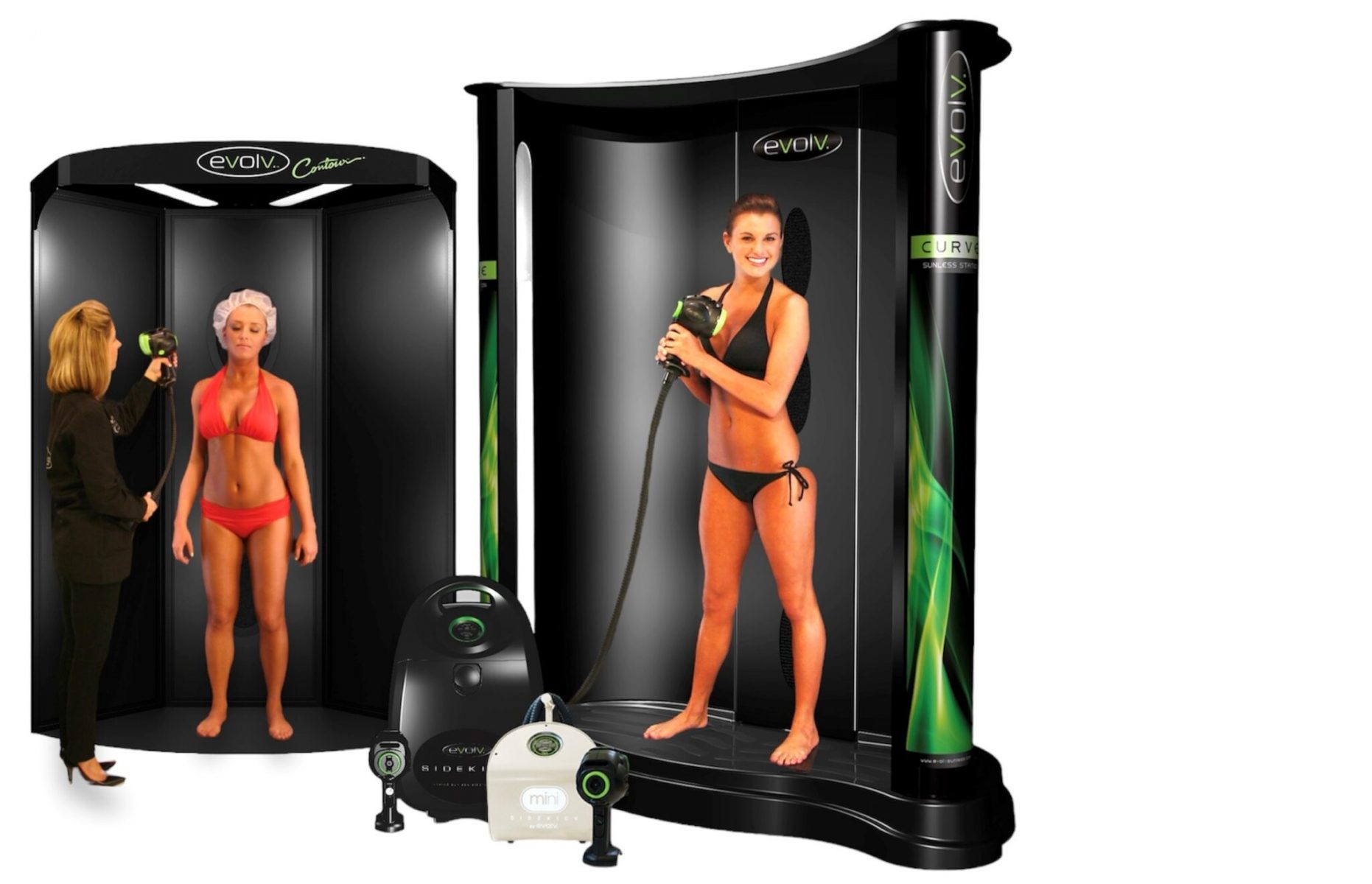 models getting a Heated Airbrush tan inside one of each Evolv Backdrops